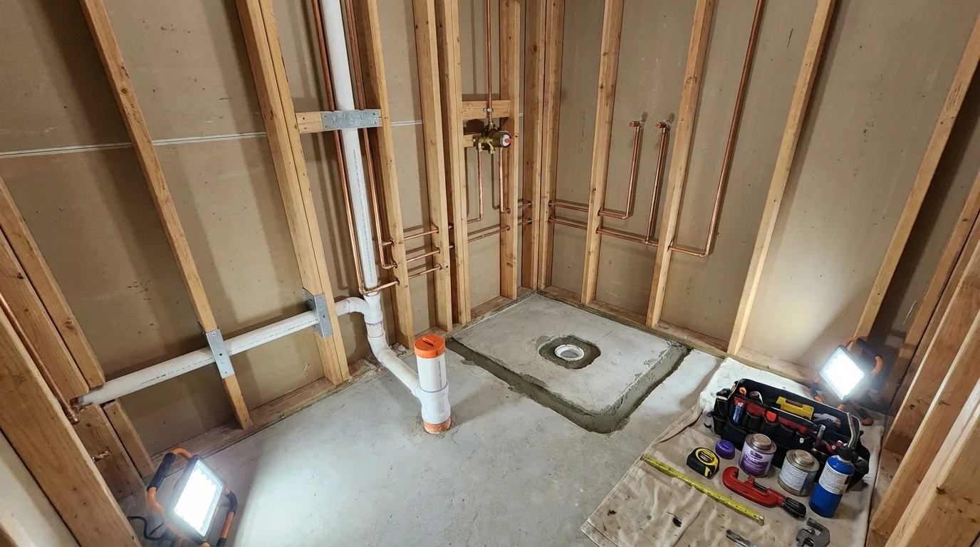 Bathroom rough-in plumbing during remodel by Johns Plumbing LLC in Conestoga