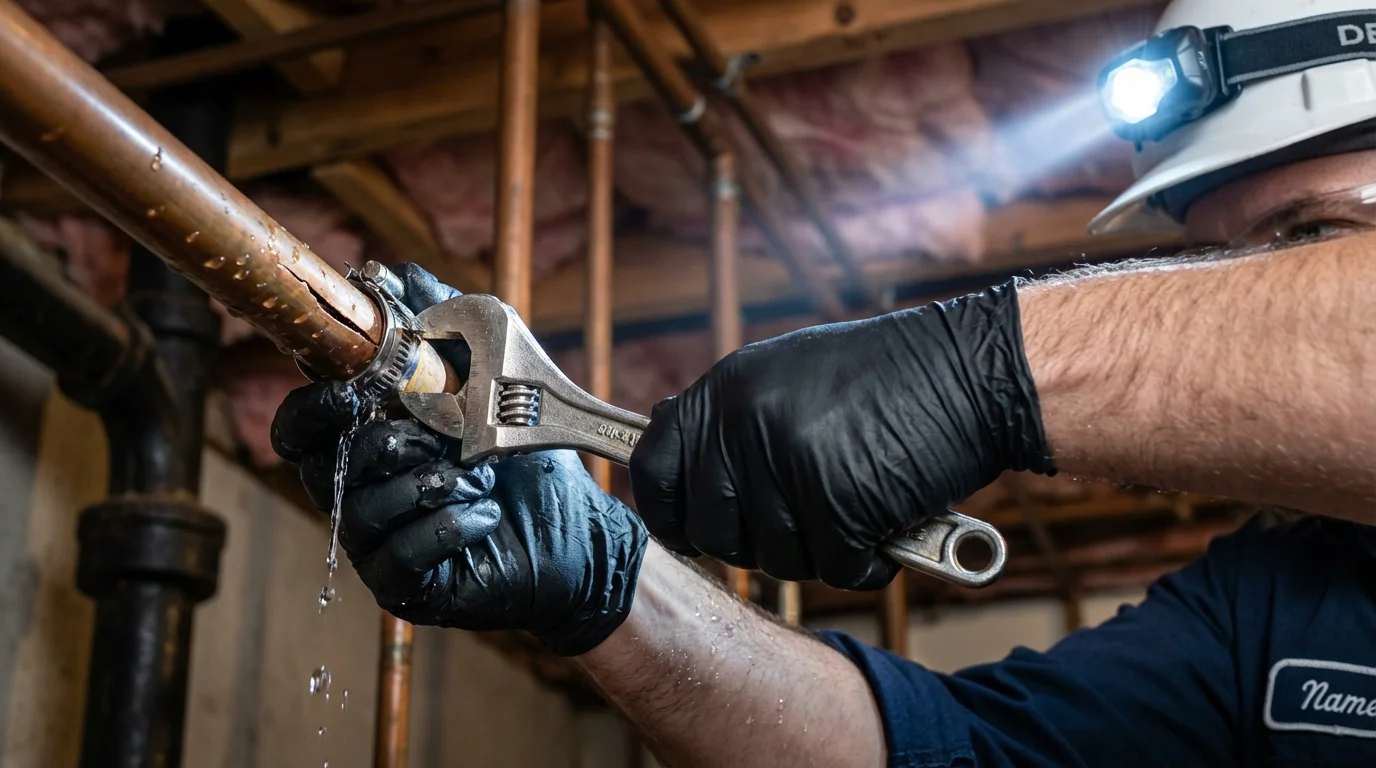 Emergency pipe clamp repair being performed by a Johns Plumbing LLC plumber in Conestoga