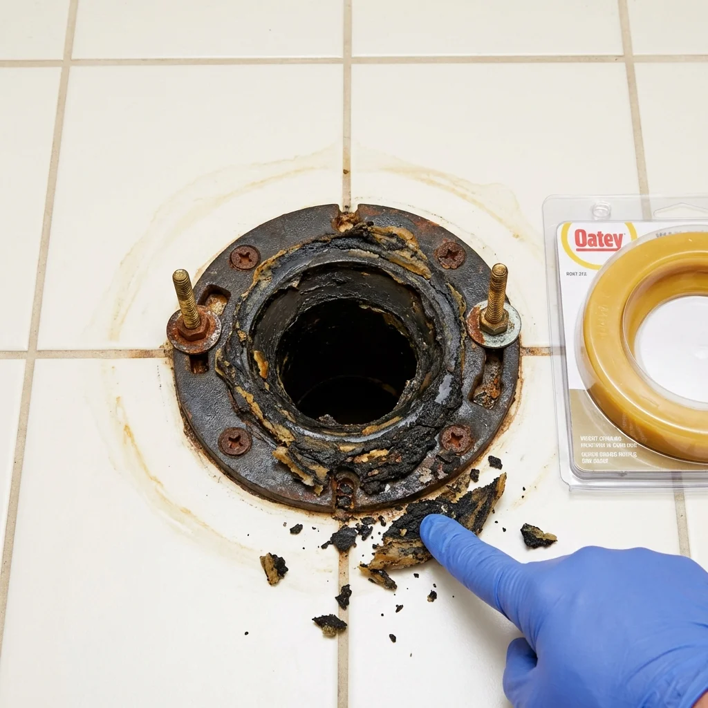 Failed wax ring showing water seepage at the base of a toilet in a Conestoga, PA home